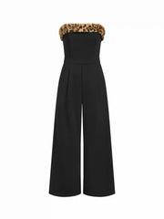 Leopard Faux Fur Trim Wide Leg Bandeau Jumpsuit