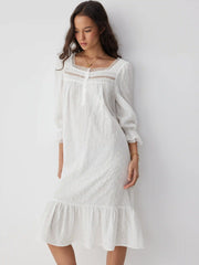 Cotton Square Neck Short Sleeve Lace Trim Ruffle Hem Midi Nightdress