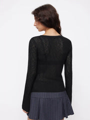 Knit Asymmetrical Neck Button Long Sleeve Top