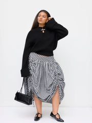 Multi-way Cotton-blend Mid Rise Gingham Drawstring Ruffle Hem Maxi Skirt Curve & Plus