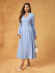 V-neck Pleated Flared Maxi Dress