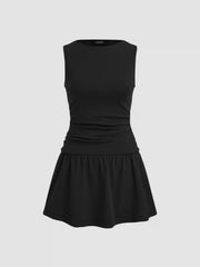Cotton-blend Round Neckline Solid Ruched Ruffle Hem Mini Cami Dress