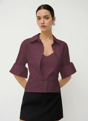 Cotton Collar Mid-length Sleeve Shirt with Cami Top