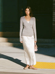 Knit V-neck Wrap Long Sleeve Top With Belt