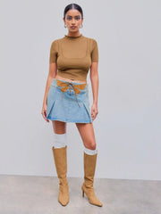 High Neck Solid Knitted Short Sleeve Top