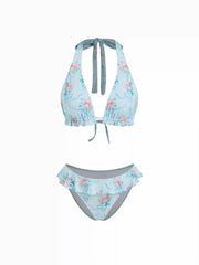 Halter Neckline Floral Ruffled Bikini Set