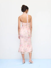 Lace Floral Cowl Neck Mermaid Maxi Dress With Scarf