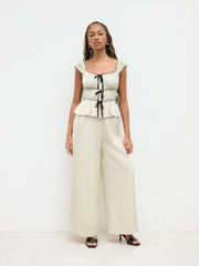 Square Neck Bowknot Contrasting Binding Lettuce Trim Tiered Jumpsuit