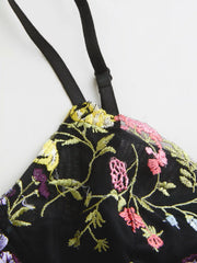 Mesh V-neck Floral Embroidery Crop Cami Top