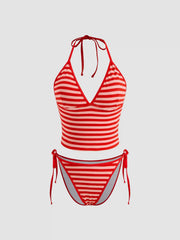 V-neck Stripe Knotted Tankini Bikini Set