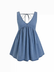 Denim V-neck Tie Back A-line Mini Dress Curve & Plus