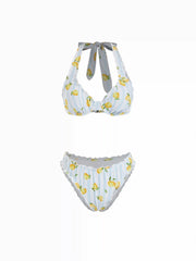 Halter Neckline Lemon Striped Lettuce Trim Low Rise Bikini Set