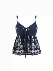 Floral Embroidery V-neck Cami Top with Lace Trim