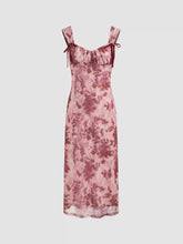 Mesh Square Neck Floral Bowknot Midi Dress