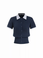 Cable Knit Contrast Stripe Polo Neck Button Through Short Sleeve Cardigan