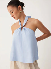 Linen-blend Beaded Halter Neckline Knotted Oversized Top