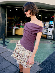 Asymmetrical Neck Ruched Rivet Tee