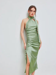 Satin Halter Solid Drawstring Ruched Split Midi Dress