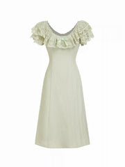 Linen-blend Scoop Neck Puff Sleeve Lace Bowknot A-line Midi Dress
