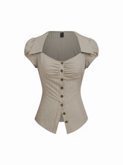 Cotton-blend Collar Stripe Belted Short Sleeve Blouse