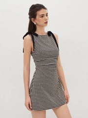 Round Neckline Gingham Bowknot Ruched Mini Dress