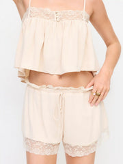 Lace Trim Crop Top & Mid Rise Drawstring Shorts Loungewear Set