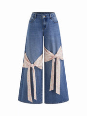 Cider Denim Low Rise Ditsy Floral Bowknot Wide Leg Jeans