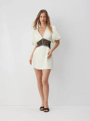 Satin V-neck Contrasting Lace Lantern Sleeve A-line Mini Dress