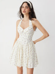 Ditsy Floral Halter Neckline Ruffled A-line Mini Dress