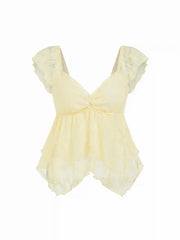 Lace Sweetheart Neck Ruffle Sleeve Bowknot Asymmetrical Hem Top