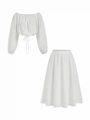 Off-Shoulder Ruched Puff Sleeve Top & Elastic Waist Low Rise Flared Midi Skirt Set