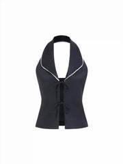 Halter Neckline Contrast Trim Bowknot Blazer Vest