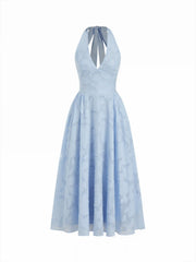 Jacquard Floral Halter Neckline Backless Flared Maxi Dress