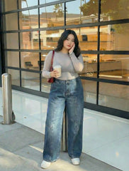 Denim High Rise Elastic Waist Wide Leg Jeans Curve & Plus