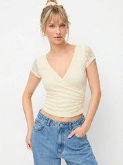 V-neck Floral Lace Ruched Top