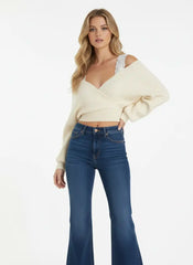 V-neck Solid Lace Knit Crop Wrap Sweater
