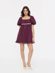 Chiffon Square Neck Ruffled Puff Sleeve Oversized Babydoll Mini Dress