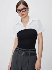 Collar Two Tone Patchy Short Sleeve Shirt