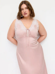 Satin V-Neck Lace Panel Knotted Maxi Slip Dress Curve & Plus
