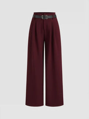 Mid Rise Plicated Wide Leg Trousers With Two Belts