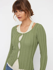Knit Two Tone Halter Neckline Button Cut Out Cardigan