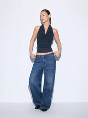 Washed Denim Mid Rise Straight Leg Jeans