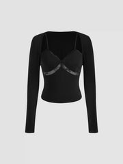 V-neck Lace Cami Top & Solid Long Sleeve Crop Shrug Set