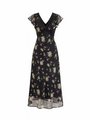 Chiffon Floral V-neck Ruffle Sleeve Lace Trim A-line Maxi Dress