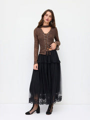 Mesh Mid Rise Lace Trim Ruched Tulle Midi Skirt
