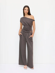 Cotton-blend Asymmetrical Neck Twist Ruched Top & Mid Rise Drawstring Trousers Set