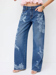 Washed Denim Low Rise Floral Wide Leg Jeans