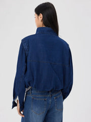 Washed Denim Stand Collar Oversized Crop Jacket