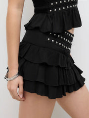 Low Rise Rivet Ruffle Hem Layered Mini Skort