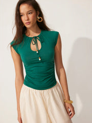 Raglan Sleeve Drawstring Scoop Neck Metallic Decor Tee
